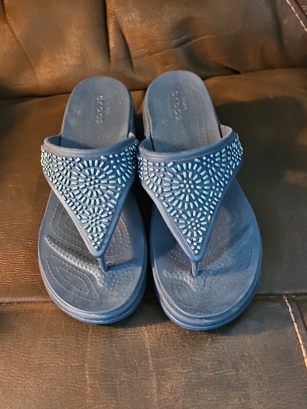 CROC Blue Beaded Wedge Thong Sandals